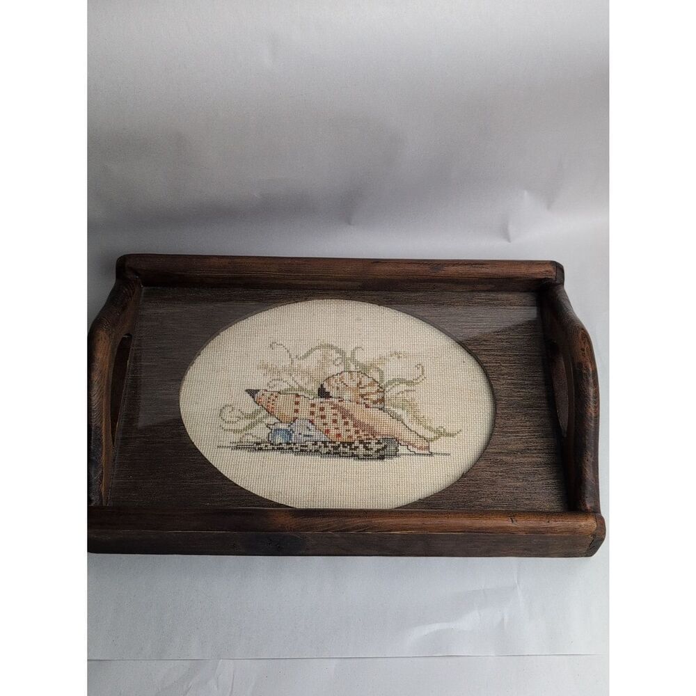 Coastal Seashell Cross-stitch Wood Serving Tray Vintage Cottage